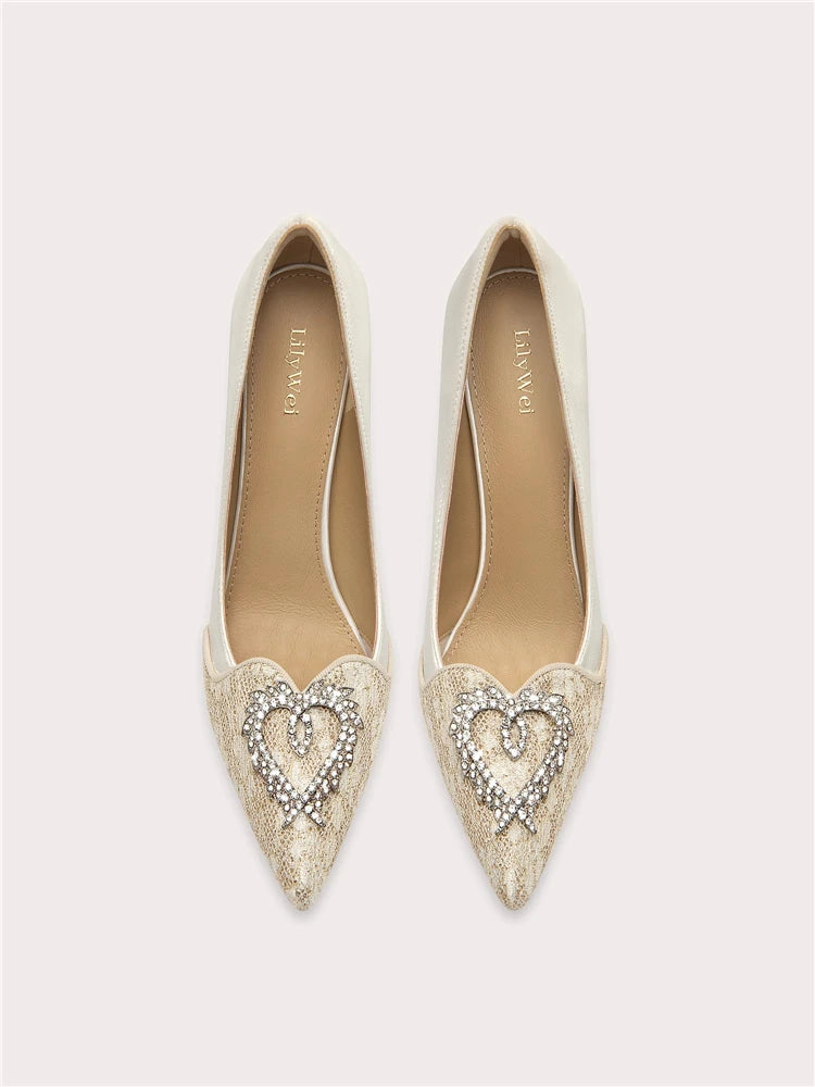 Silk lace rhinestone pumps with pointed toe and thin heel