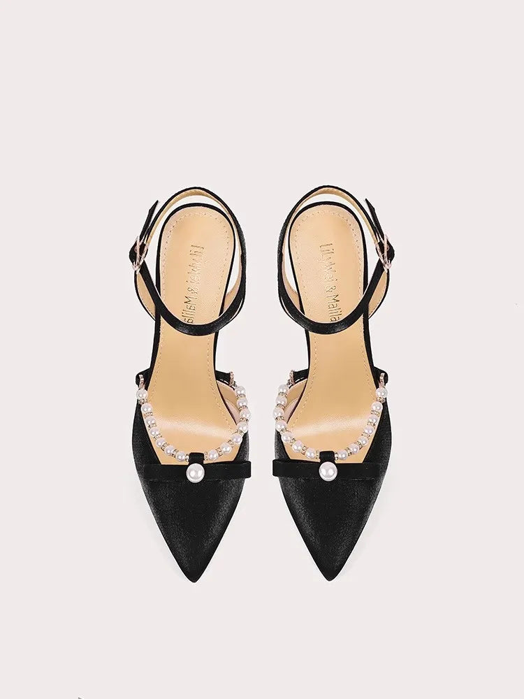 Silk pearl bow pointed sandals with thin stiletto heel