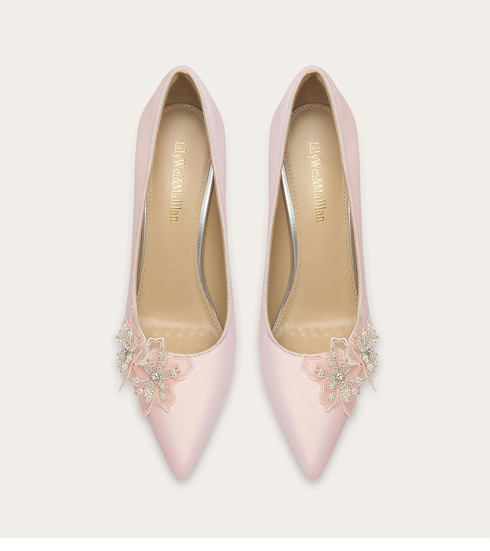 Silk wedding pumps with pearl lace flower design