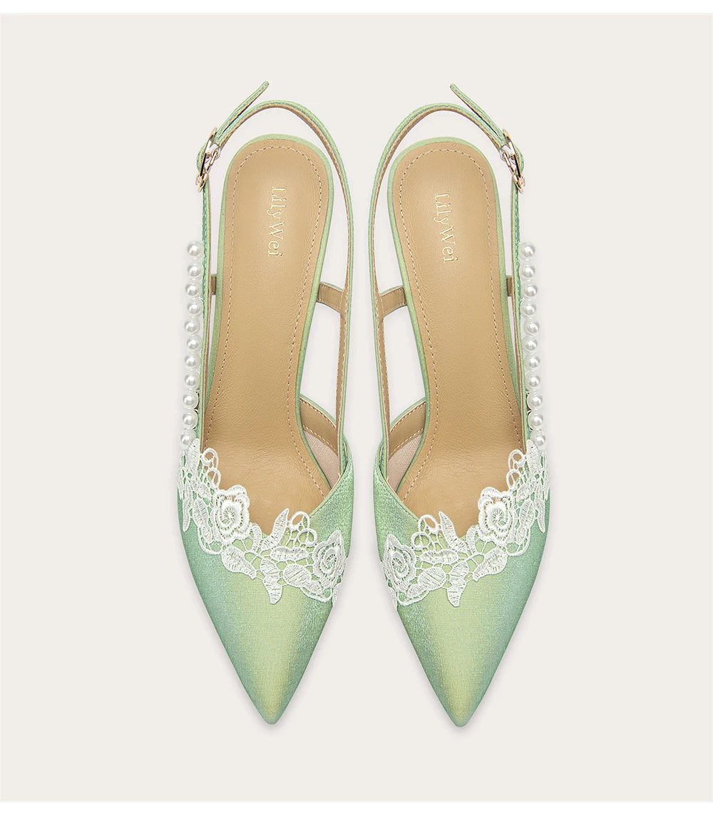 Pointed silk sandals with pearl strap buckle