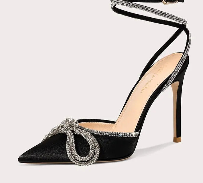 Silk bow high-heel sandals with rhinestone accents