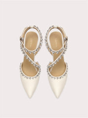 Silk pointed-toe sandals with rhinestone accents