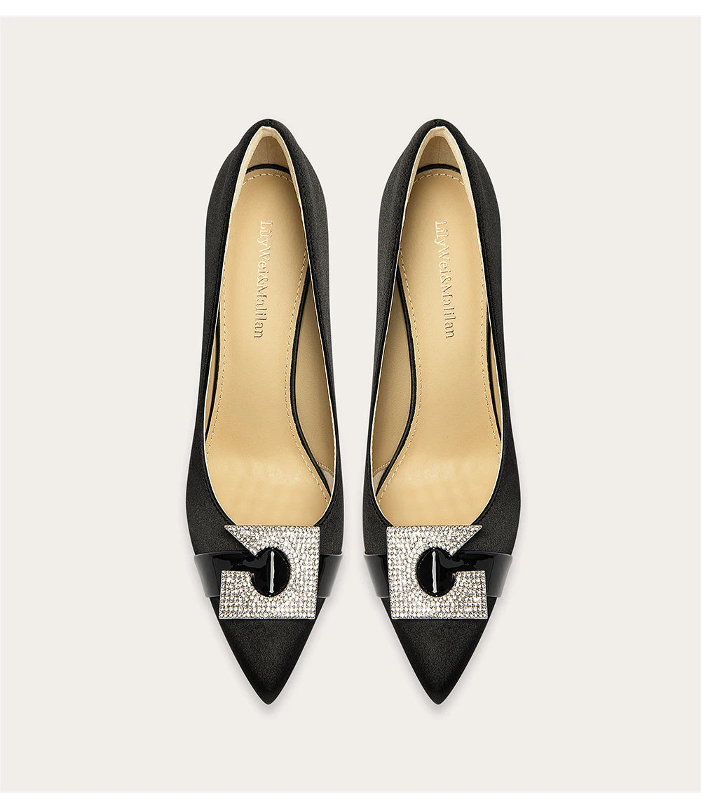 Silk pointed toe heels with rhinestone buckle detail