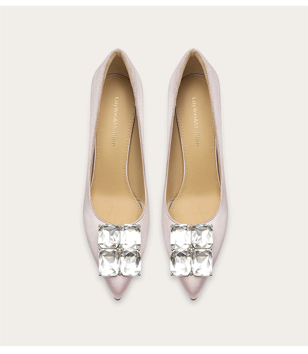 Silk rhinestone pointed toe stiletto heels with platform