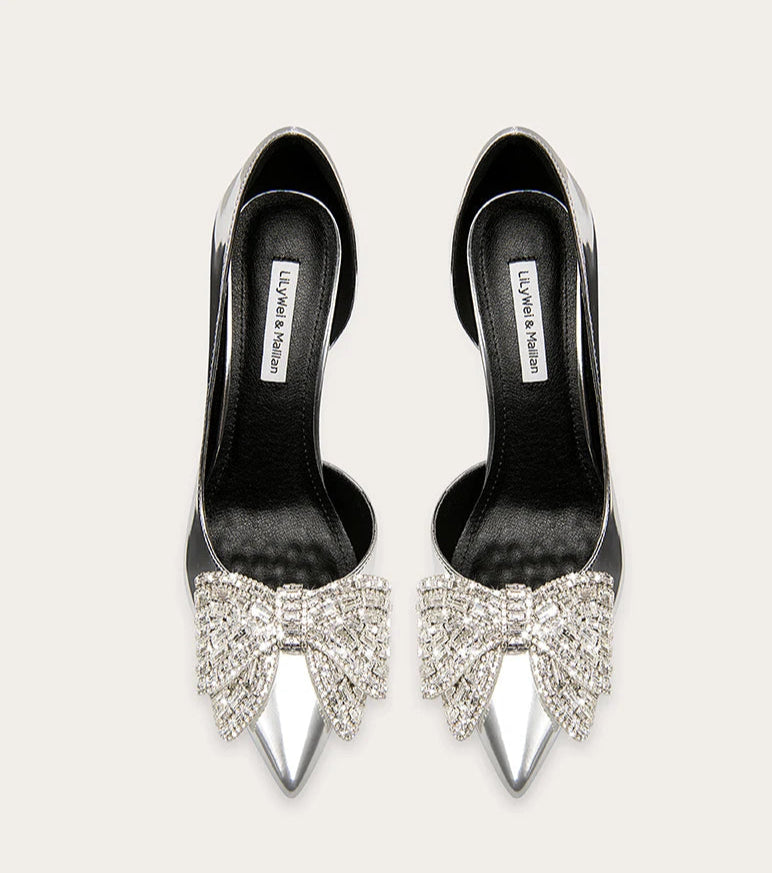 Silver bow stiletto heels with butterfly-knot crystal detail