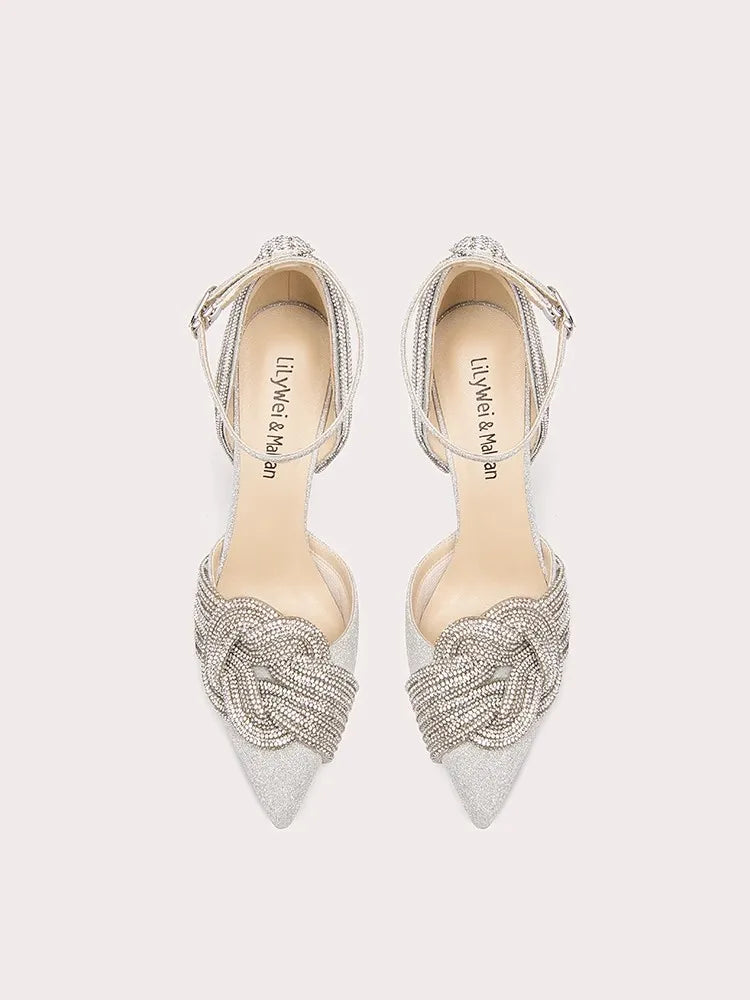 Silver crystal bow stilettos styled for party and occasion celebrations
