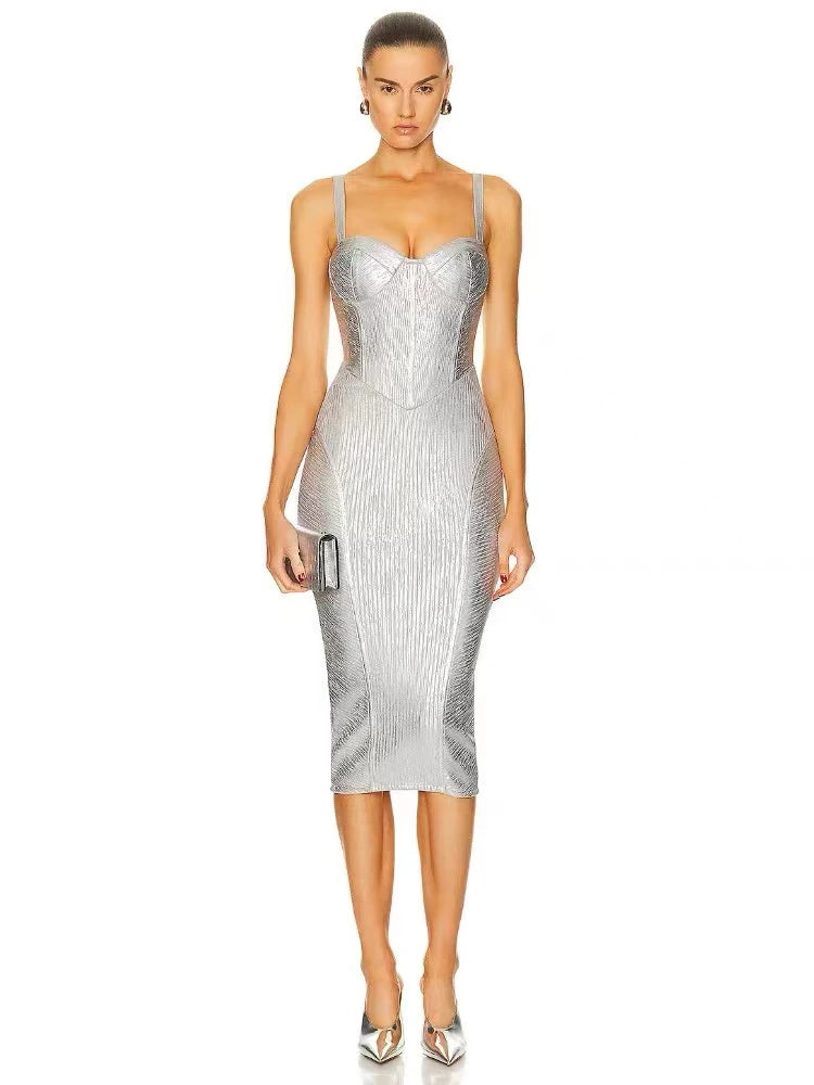 Silver foil V neck bandage dress styled for evening parties