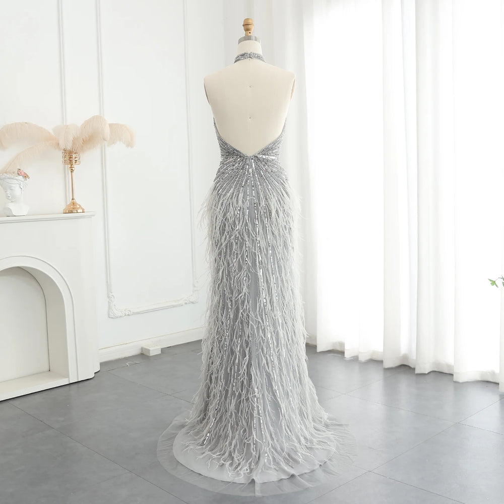 Back view of beading and crystal-style embellishment on evening gown