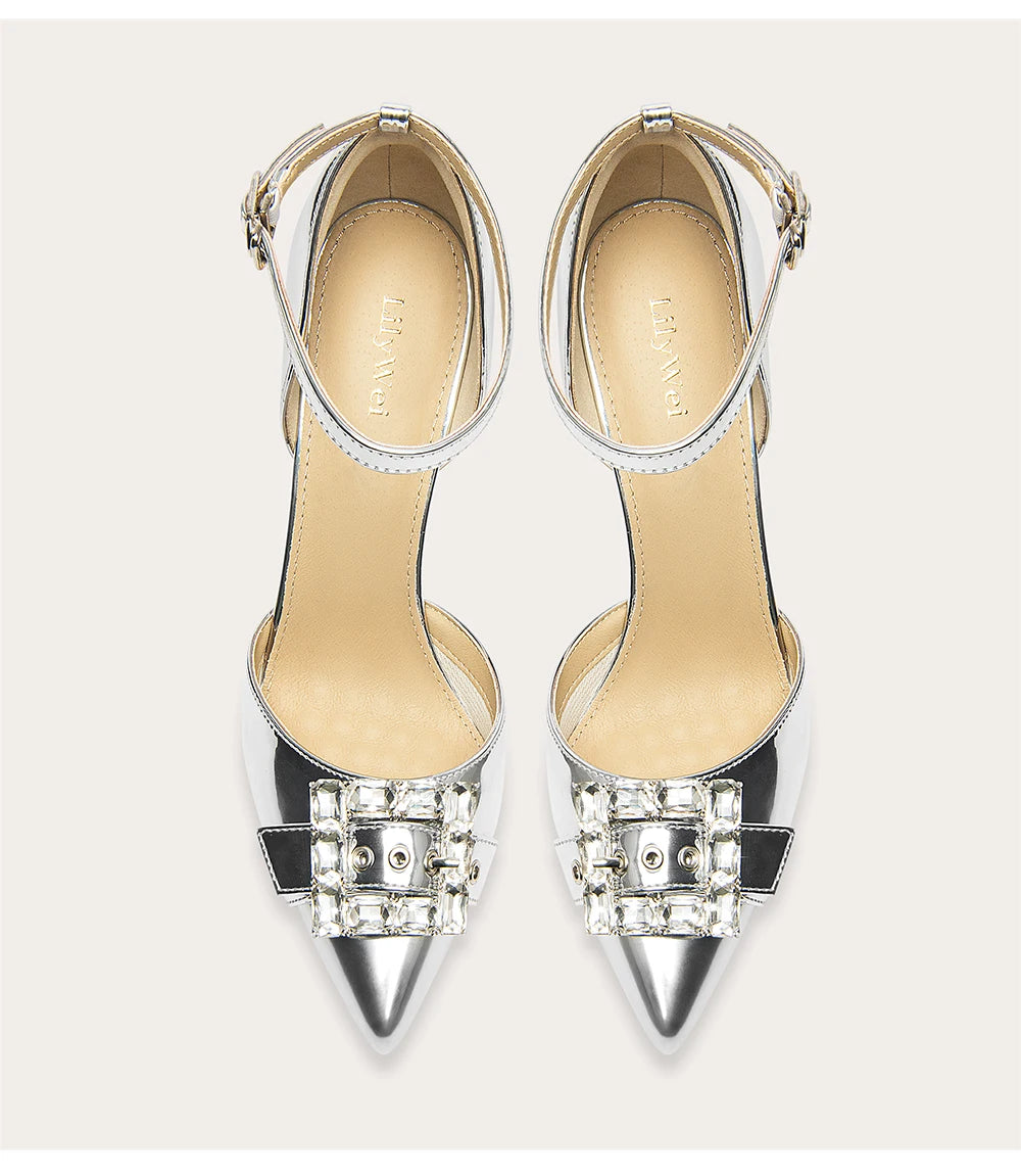 Silver rhinestone buckle sandals with thin high heel