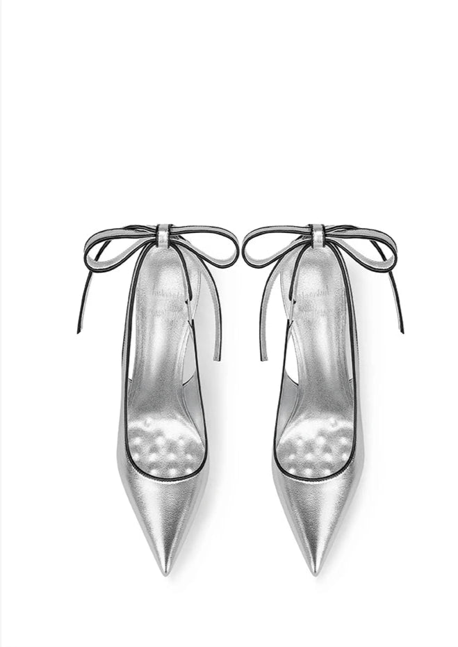 Silver ribbon lace-up pointed stiletto heels with black ankle wrap