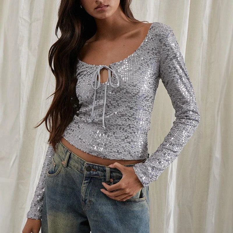 Silver sequin crop top for women styled for parties
