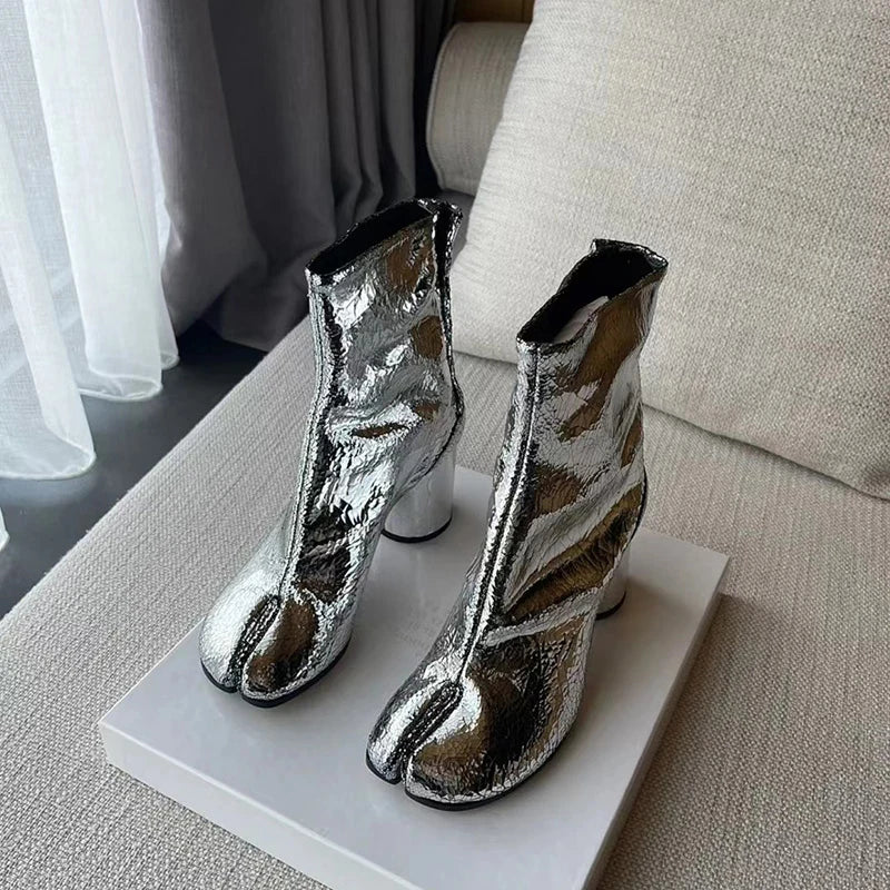 Metallic silver split toe ankle boots