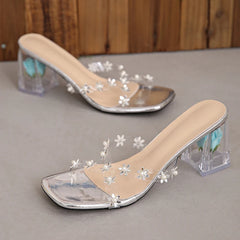 Square toe pearl crystal sandals for weddings and evening wear