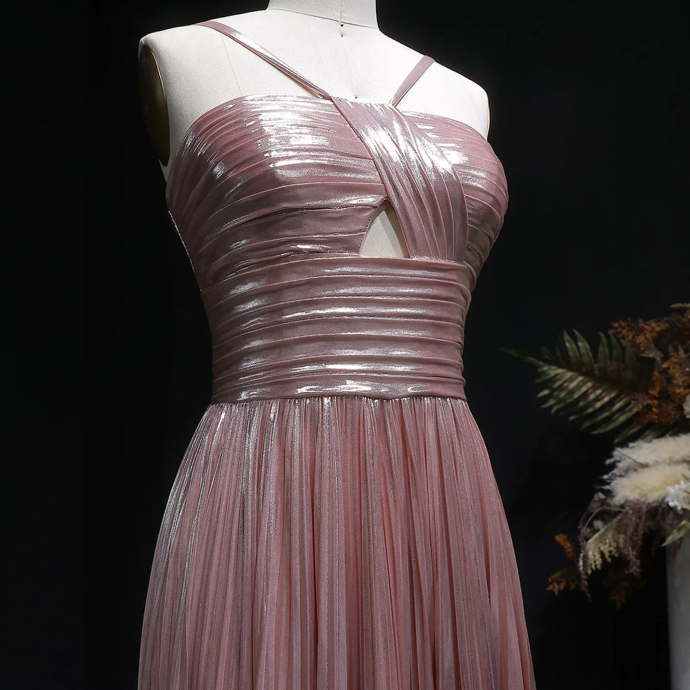 Minimal strap evening dress with textured tulle skirt and gentle pleating