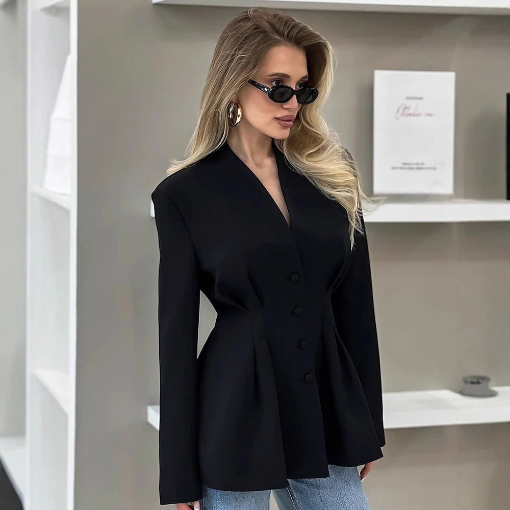 Single breasted black blazer with slim tailored fit for modern officewear