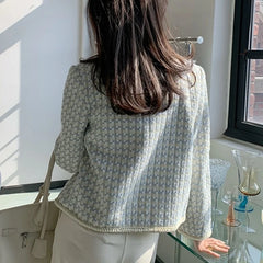 The back view of the tweed jacket, showing its structured silhouette.

