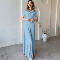 Sky blue knit maxi dress styled for an effortless autumn look