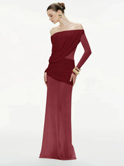 Slash neck evening gown with gathered folds and refined silhouette