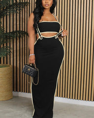 Black slash neck two-piece evening dress with hollow waist cutout