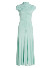 Ankle-length evening dress with clean silhouette on a plain background