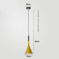 A pendant LED ceiling light fixture with a yellow metal finish hangs with dimensions.