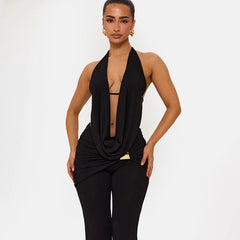 Black matching set featuring a metal buckle accent at the waist