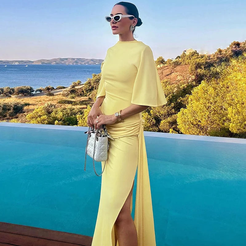sleek yellow maxi dress for autumn and winter party season