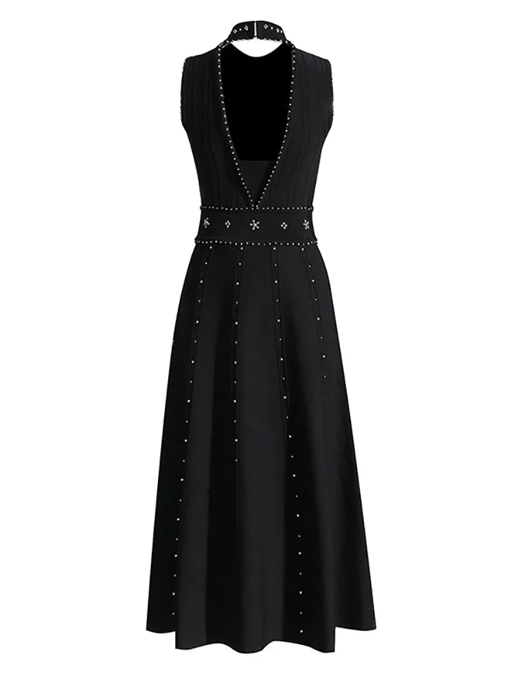 Slim mid-calf A-line gown with hollow out and sleeveless design