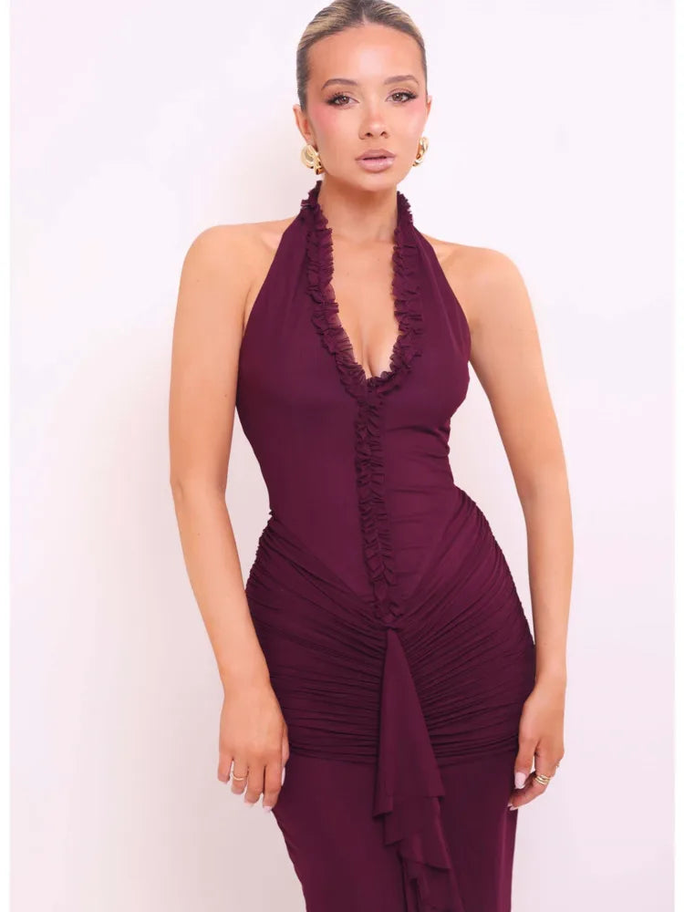 Backless halter maxi dress in floor-length silhouette