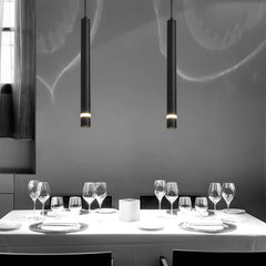 Two pendant tube lights with a modern style, featuring long cylindrical shapes in  black colours, suspended from the ceiling above a dining table.