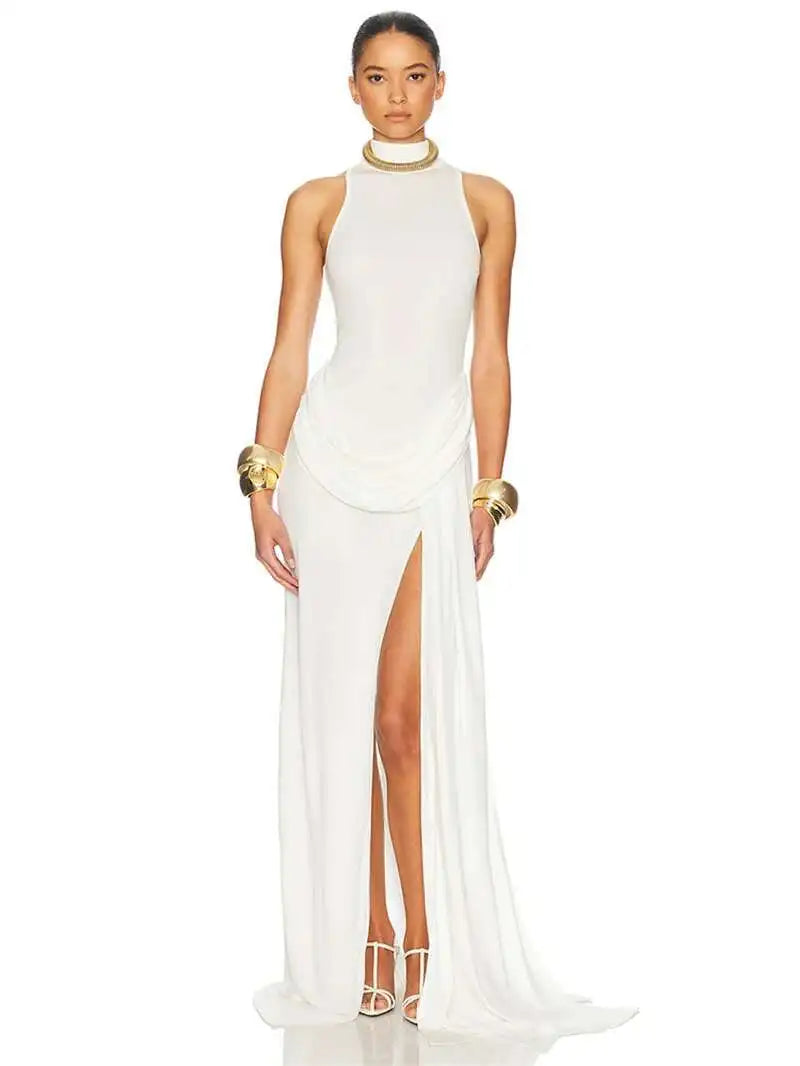 Sleek white evening dress with thigh-high slit and modern cut