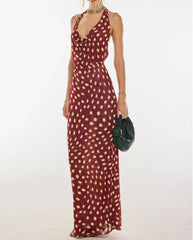 A sleeveless backless party dress styled casually for a day out.