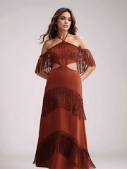 Brown sleeveless backless red bodycon formal dress shown for dances, worn by a model on a plain background