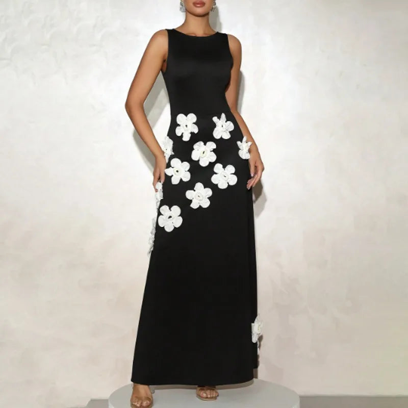 Sleeveless black floral maxi dress perfect for celebrations and weddings