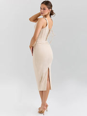 Elegant mid-calf cocktail dress in solid color