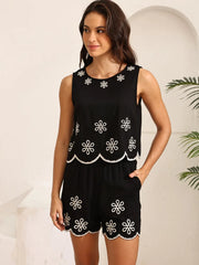 Sleeveless embroidered top and shorts set in classic black