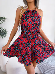 Red floral print halter neck mini dress
