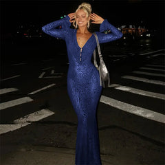 Sleeveless influencer style blue leopard maxi dress for standout parties