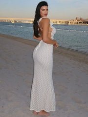 High waist slim-fit white knit cover-up dress- side view