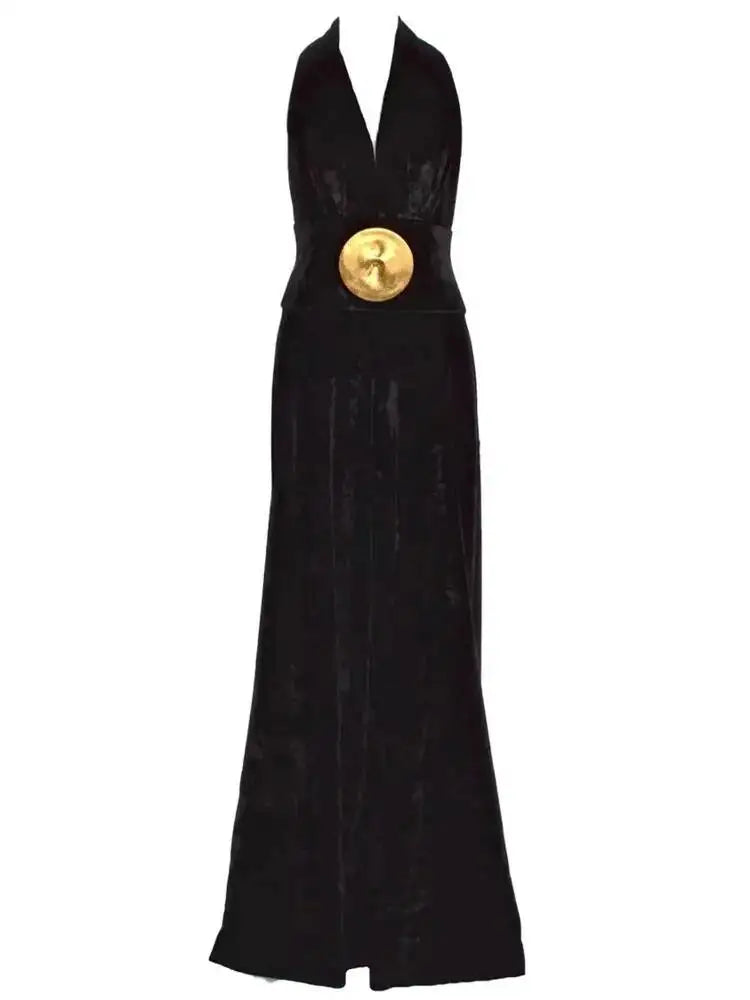 Front detail of a waist belt accent on a black wide-leg jumpsuit