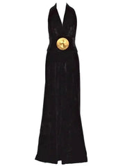 Front detail of a waist belt accent on a black wide-leg jumpsuit