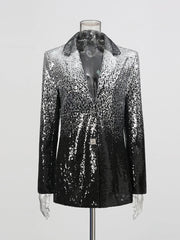 Shimmering ombre blazer styled with coordinating sequin pants