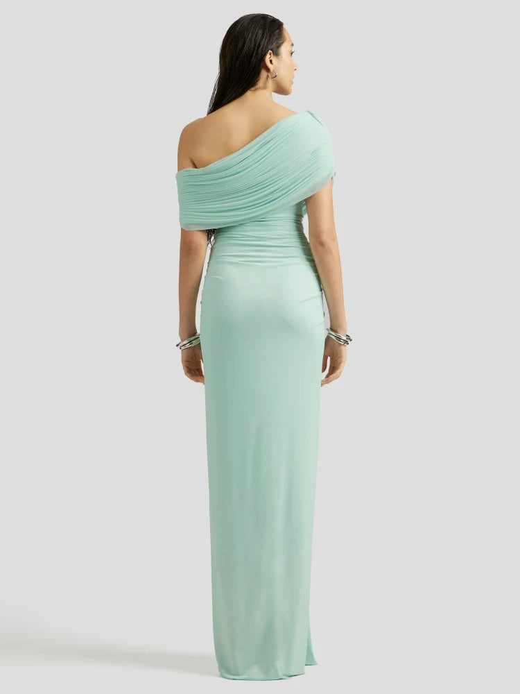 Slim ankle-length gown with one-shoulder silhouette and clean lines