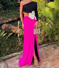 Bold evening dress with black bodice and pink skirt