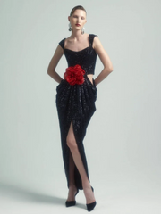 The slim fit of the dress, highlighting its flattering silhouette.