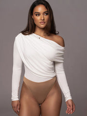 Slim fit knit bodysuit with off shoulder draped design