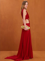 Slim sleeveless ankle length party gown with diagonal collar
