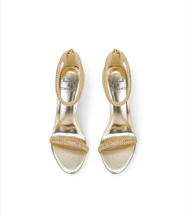 Slim strap wedding shoes in gold with crystal embellishments