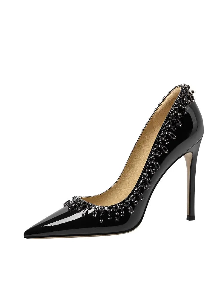 Slip-on patent pumps with rhinestone detail