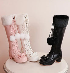 Pink and white fur-trim knee-high winter boots